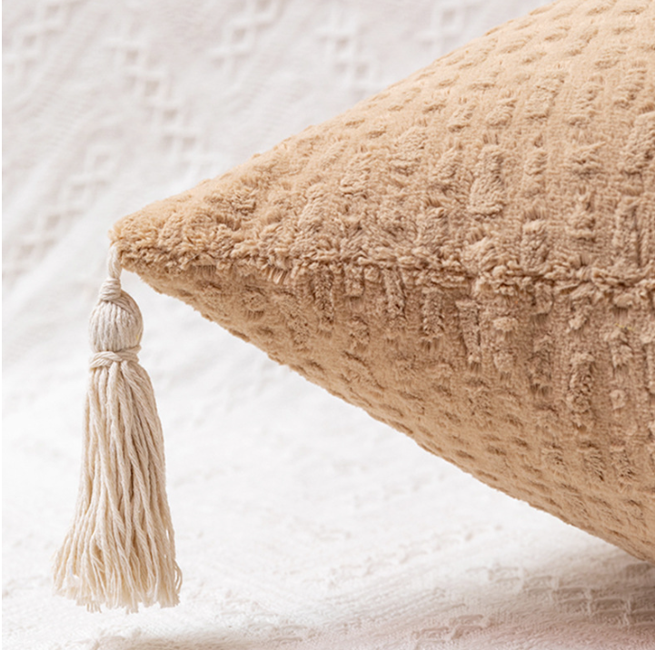 V888-ELOSUNG19433-202502281140-03 Milk Tea Yellow Modern Minimalist Velvet Pillow Covers - Tassel Accent Cushion Covers - 45x45cm (Set of 2) - Image 4