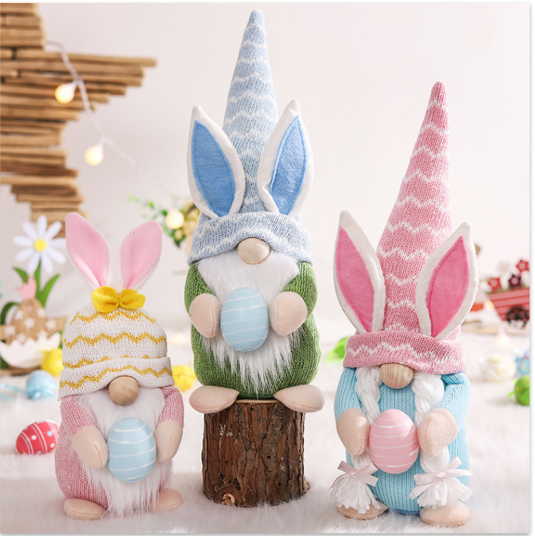 V888-ELOSUNG19508-202503071437-02 Blue Fat Doll Easter Gnome Doll - Knitted Fabric with Egg and Bunny Ears Decor - Image 3