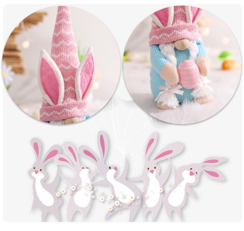 V888-ELOSUNG19509-202503071437-01 Big Pink Fat Doll Easter Gnome Doll - Knitted Fabric with Egg and Bunny Ears Decor - Image 2