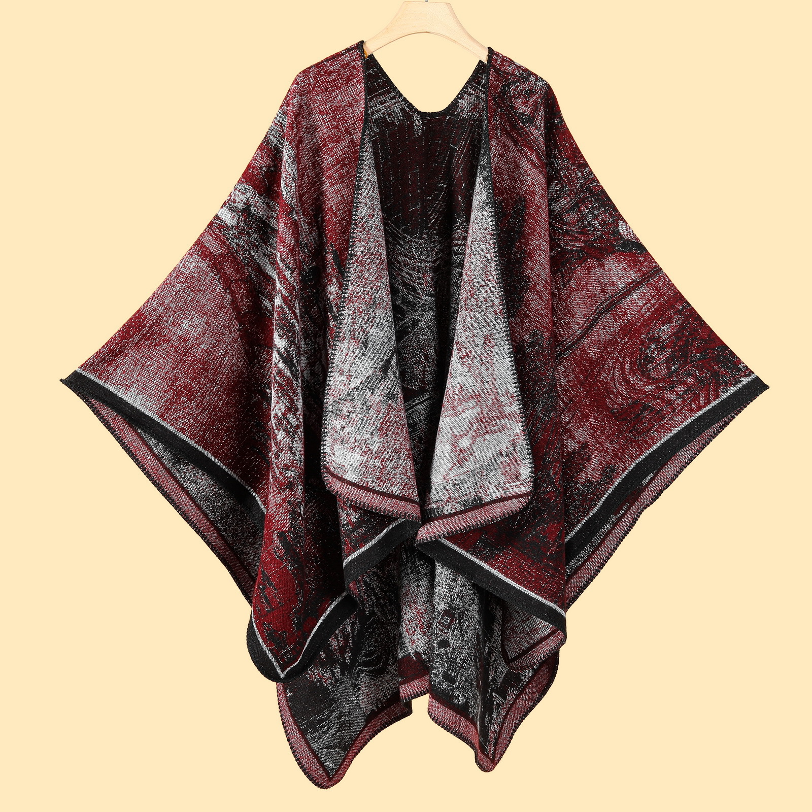 V888-ELOSUNG19652-202503111115-00 Jiangnan Waterfront - Black Red Elegant Autumn Winter Shawl - Artistic Split-Design Knit Cloak with Oil Painting Style - Image 1