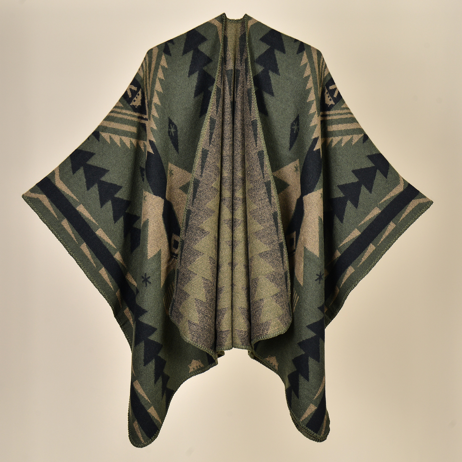V888-ELOSUNG19675-202503111120-00 New Totem Diamond Green Elegant Autumn Winter Shawl - Artistic Split-Design Knit Cloak with Oil Painting Style - Image 1