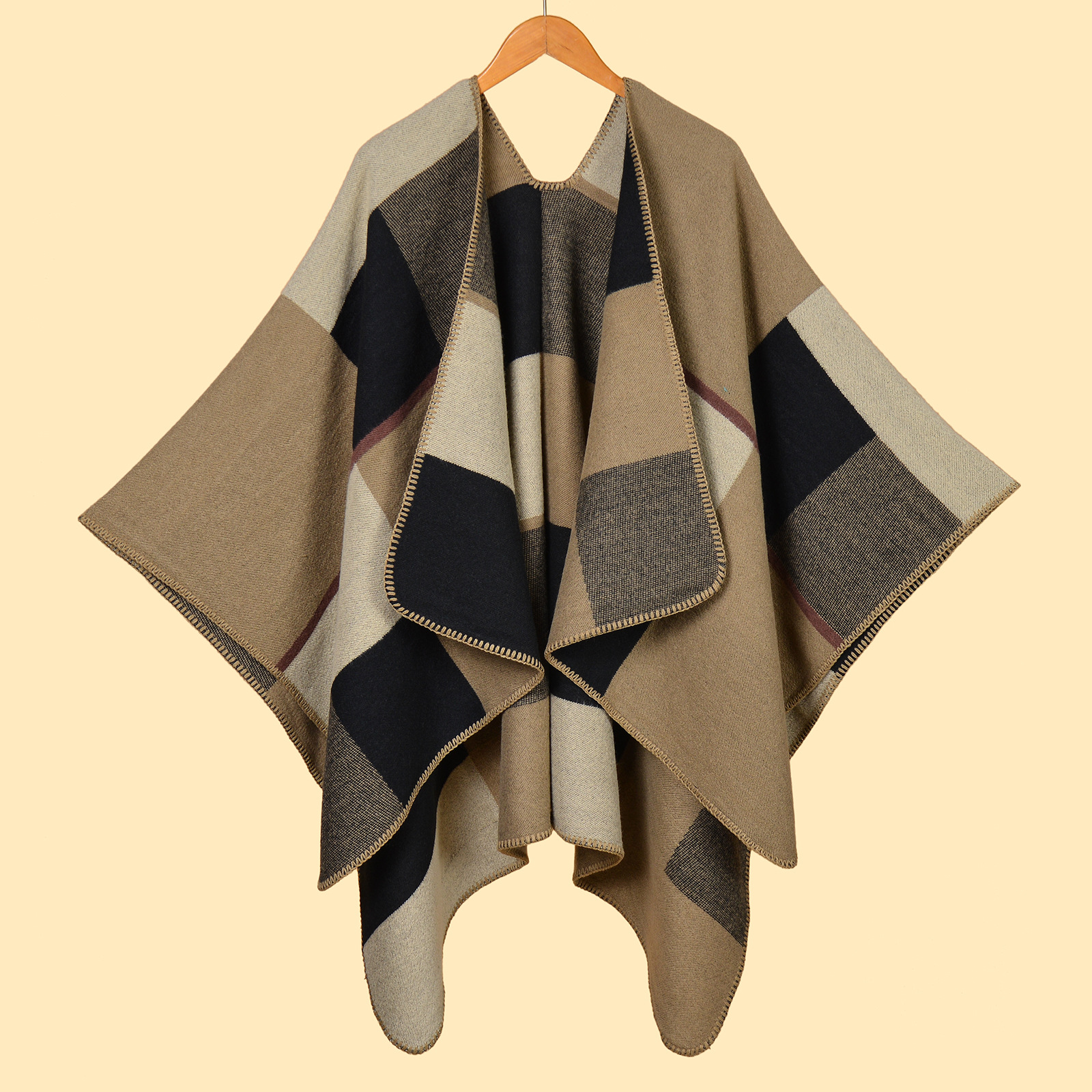 V888-ELOSUNG19678-202503111121-00 Large and small square khaki Elegant Autumn Winter Shawl - Artistic Split-Design Knit Cloak with Oil Painting Style - Image 1