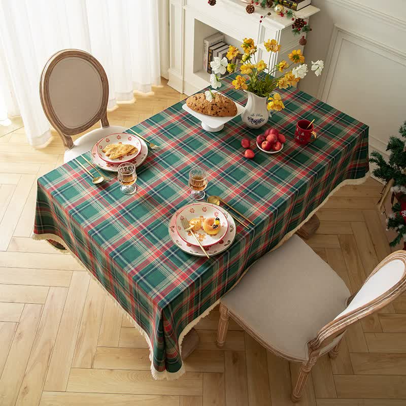 V888-ELOSUNG20033-224208-00 Vintage Plaid Fabric Tablecloth | Classic English Red and Green Plaid Tablecloth for Dining Table and Party Decoration 140*140cm - Image 1