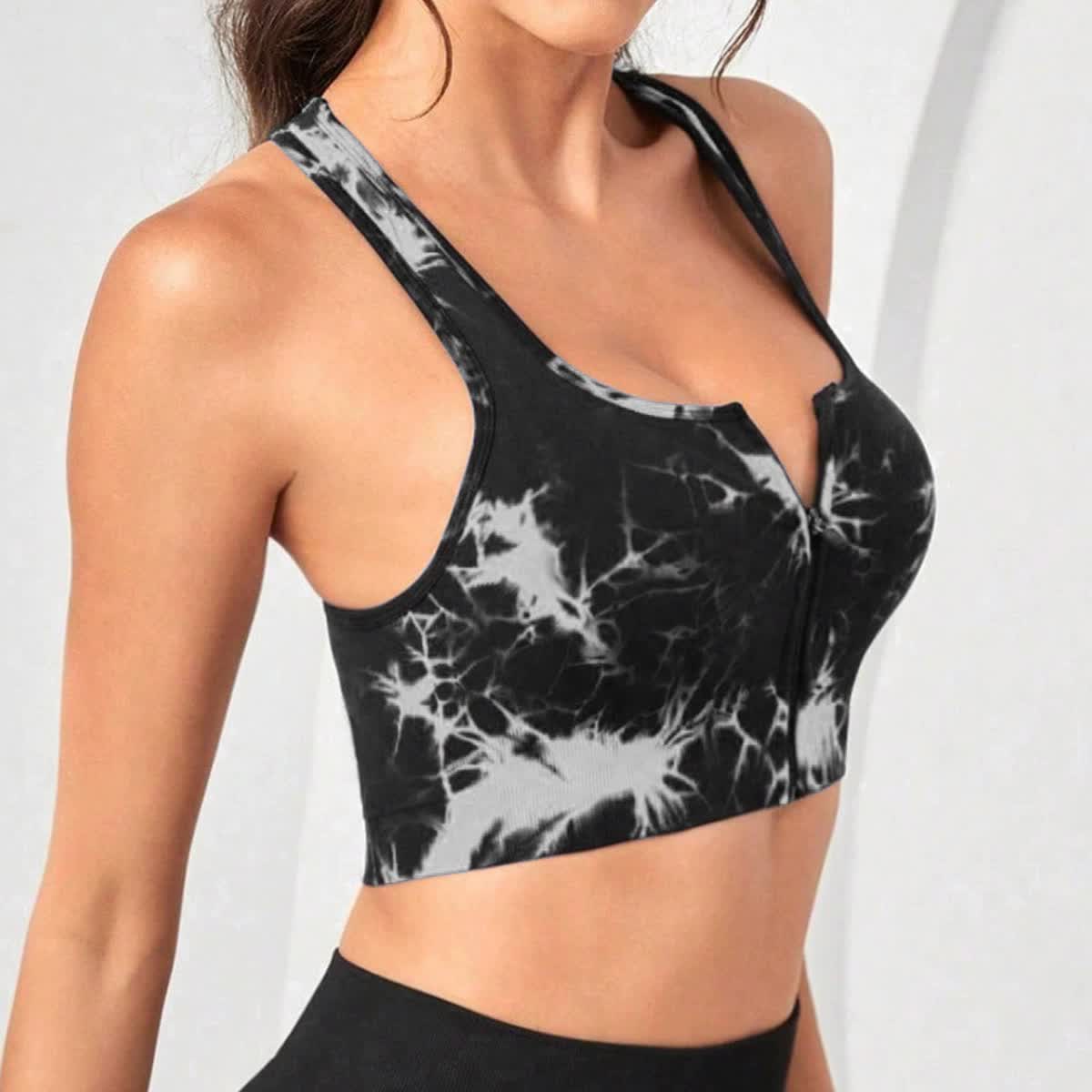 V888-ELOSUNG20199-224469-00 Women's Black Tie Dye Zip-Up Sports Bra | Shockproof, Push-Up Size L - Image 1