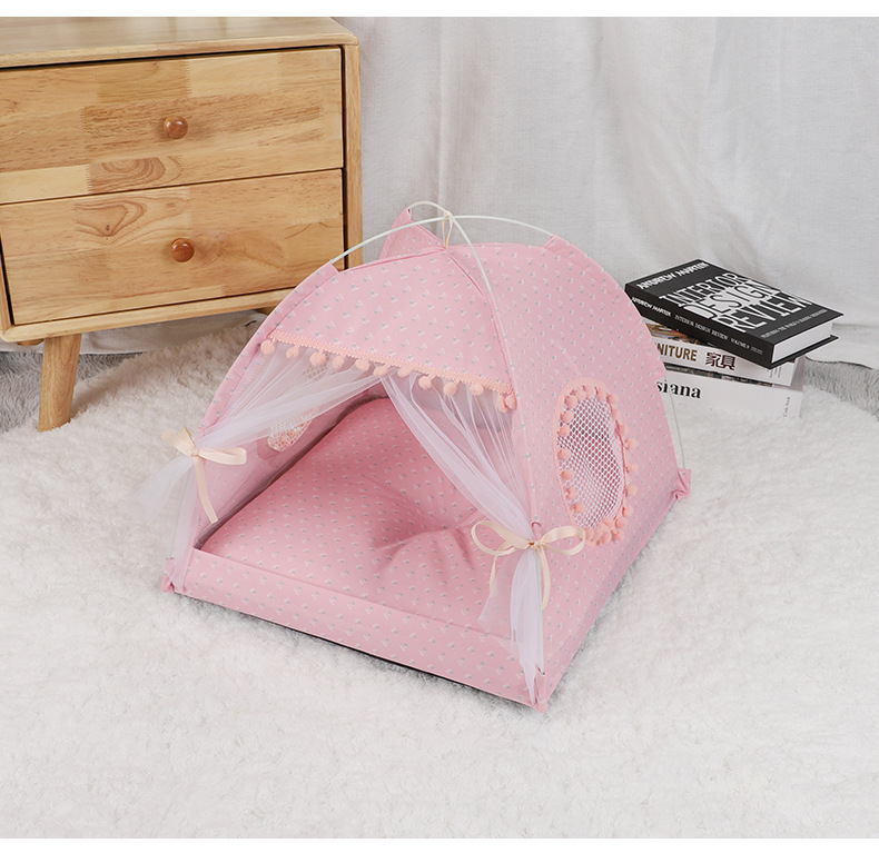 V888-ELOSUNG20421-227290-00 Pink Floral Portable Folding Pet Tent - Summer Cat & Dog Shelter with Mesh Window, Lightweight and Breathable, Ideal for Travel & Home Use 50x50x45CM - Image 1
