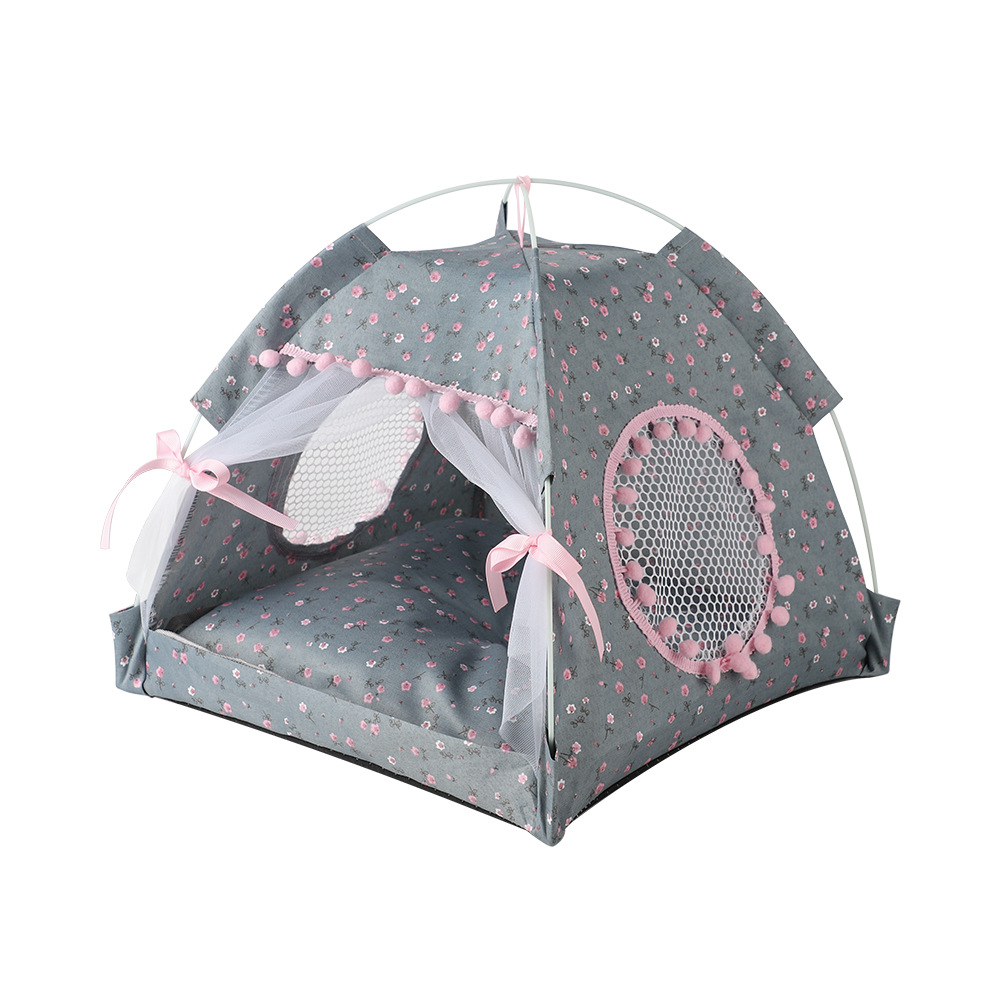 V888-ELOSUNG20424-227293-00 Gray floral Portable Folding Pet Tent - Summer Cat & Dog Shelter with Mesh Window, Lightweight and Breathable, Ideal for Travel & Home Use 50x50x45CM - Image 1