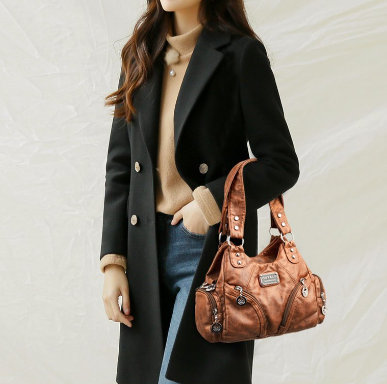 V888-ELOSUNG20485-202502241045-02 Brown Vintage Soft Leather Biker Bag - Shoulder Crossbody Handbag - Image 3