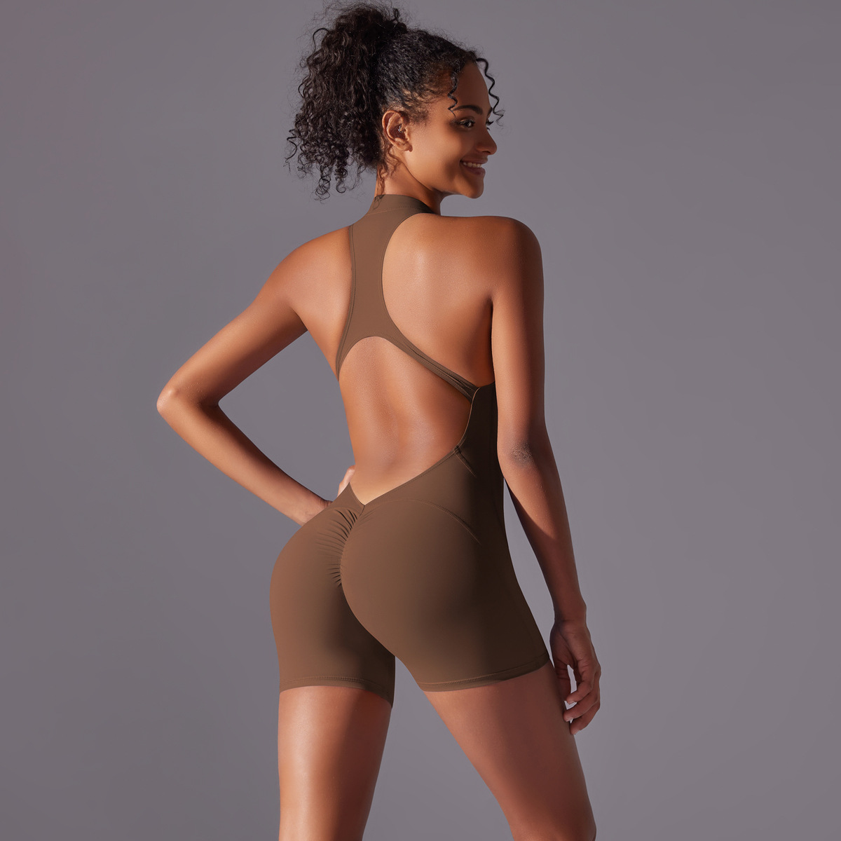 V888-ELOSUNG21318-202502251028-00 Size XL Brown High-Impact Seamless Bodysuit - Nude Feel Yoga & Fitness Romper - Image 1