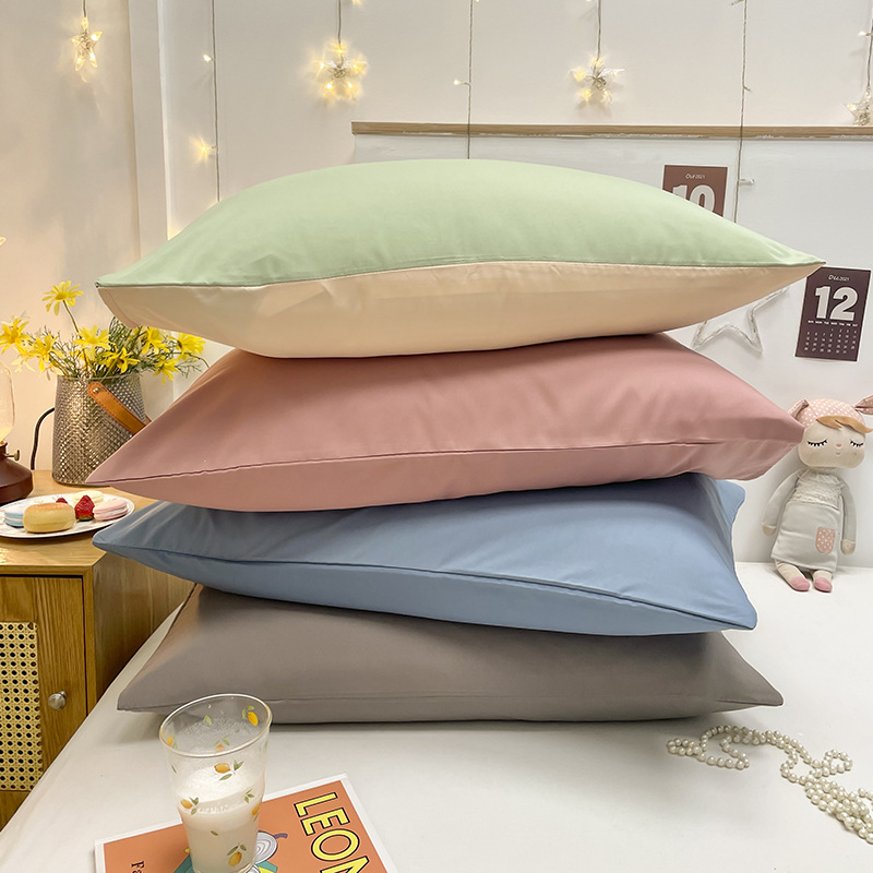 V888-ELOSUNG21484-202502281041-01 Light Blue And Grey Washed Cotton Pillowcase Set - Solid Color, Simple Two-Tone Design, 48x74cm (Pair) - Image 2