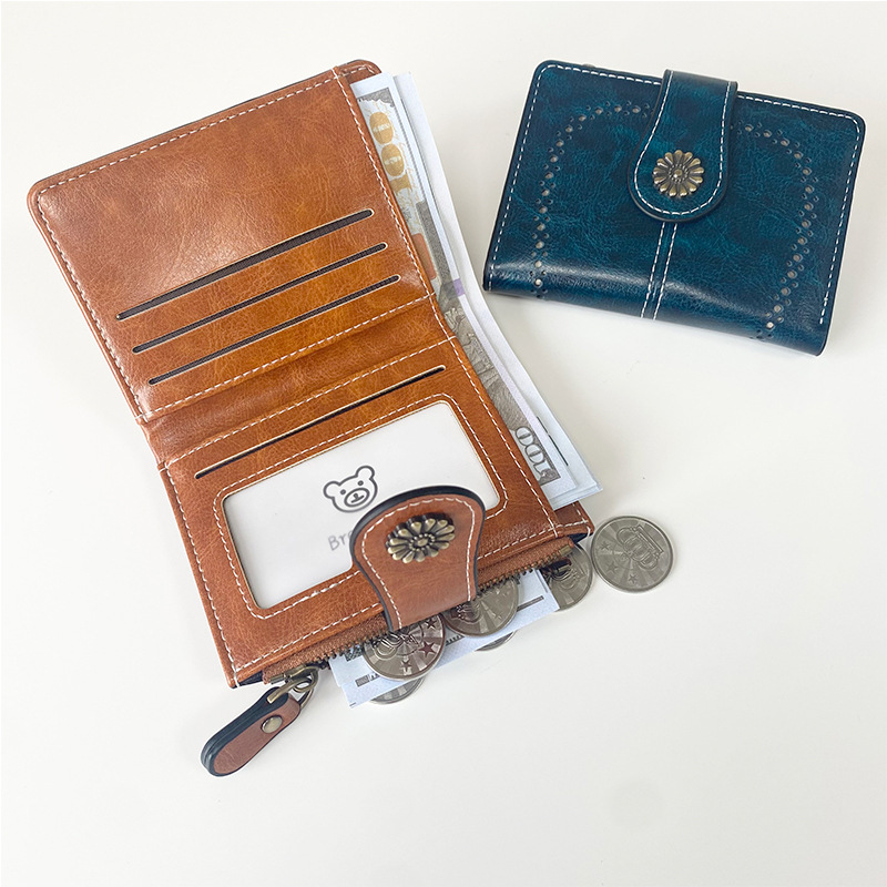 V888-ELOSUNG21560-202503051016-03 Brown Vintage PU Leather Women's Short Wallet - Elegant Zipper Coin Pocket Multi-Function Card Holder - Image 4