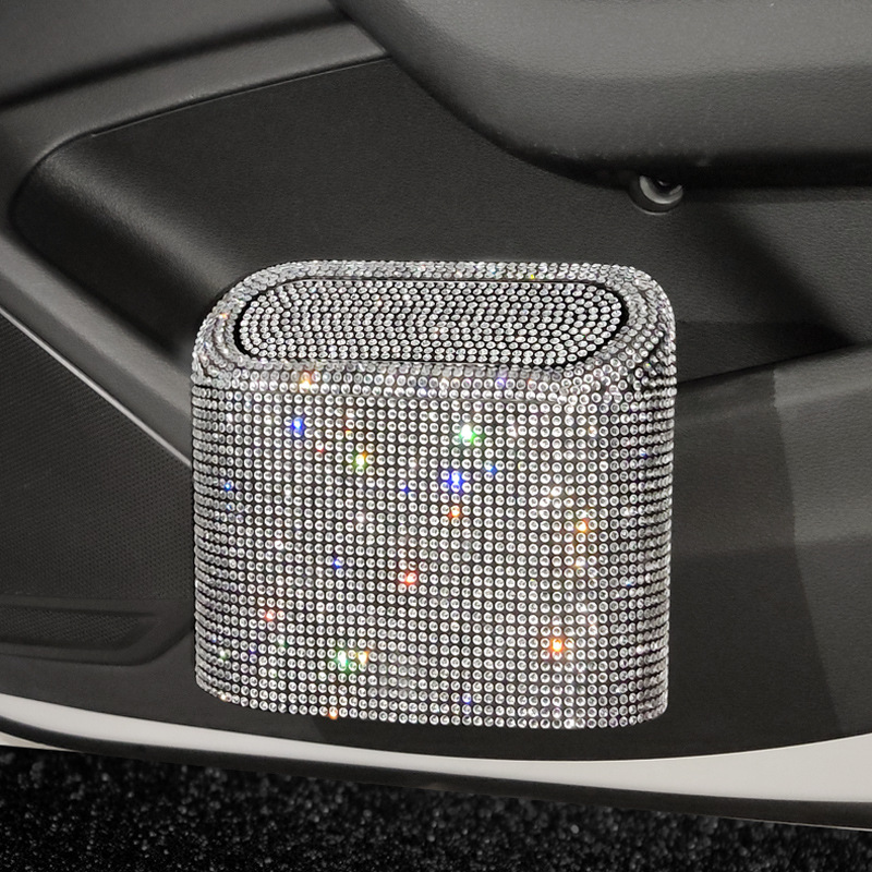 V888-ELOSUNG21653-202503071647-00 White Diamond Sparkly Rhinestone Car Trash Can - Diamond Auto Garbage Bin Organizer - Image 1