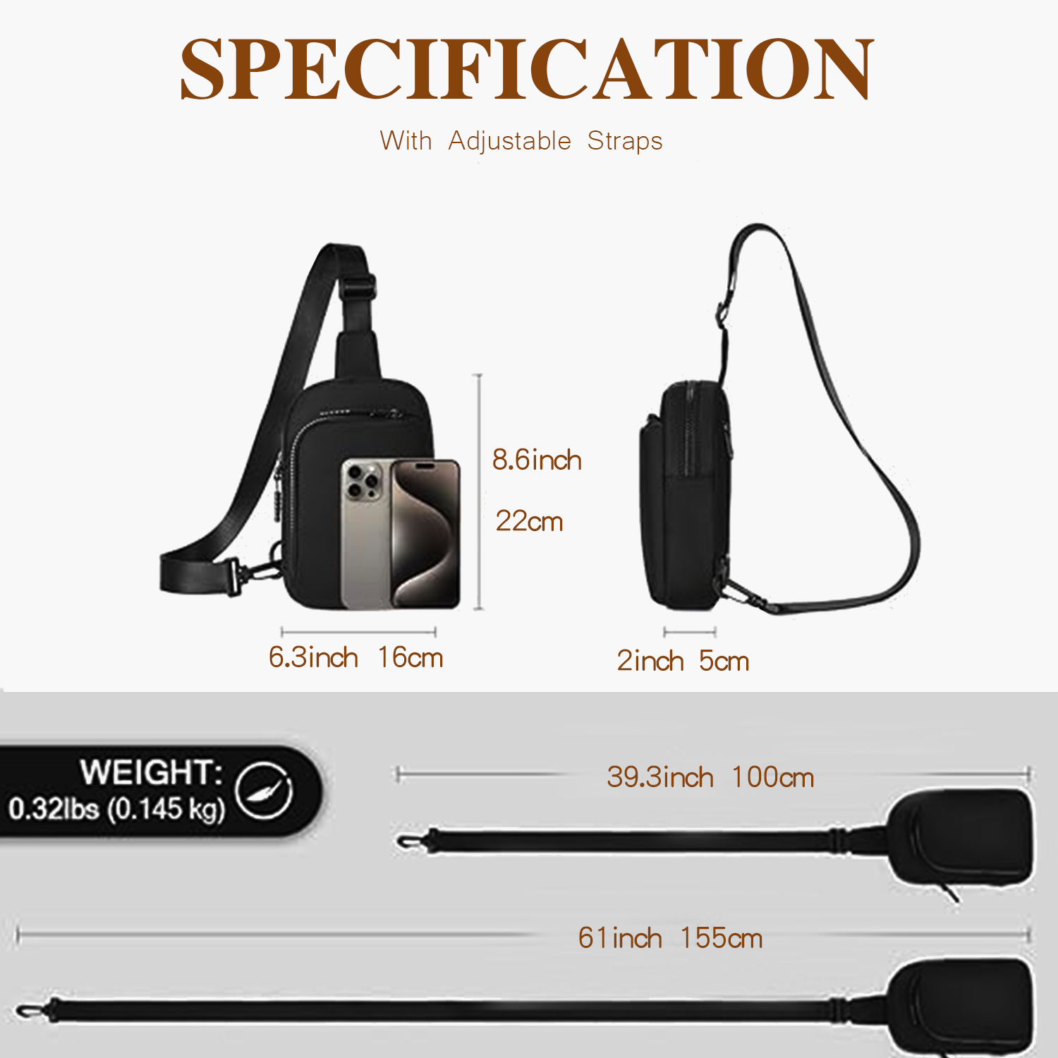 V888-ELOSUNG21709-202503111147-05 Brown Trendy Waterproof Sling Bag - Lightweight Crossbody Chest Pack, Adjustable Strap - Image 6