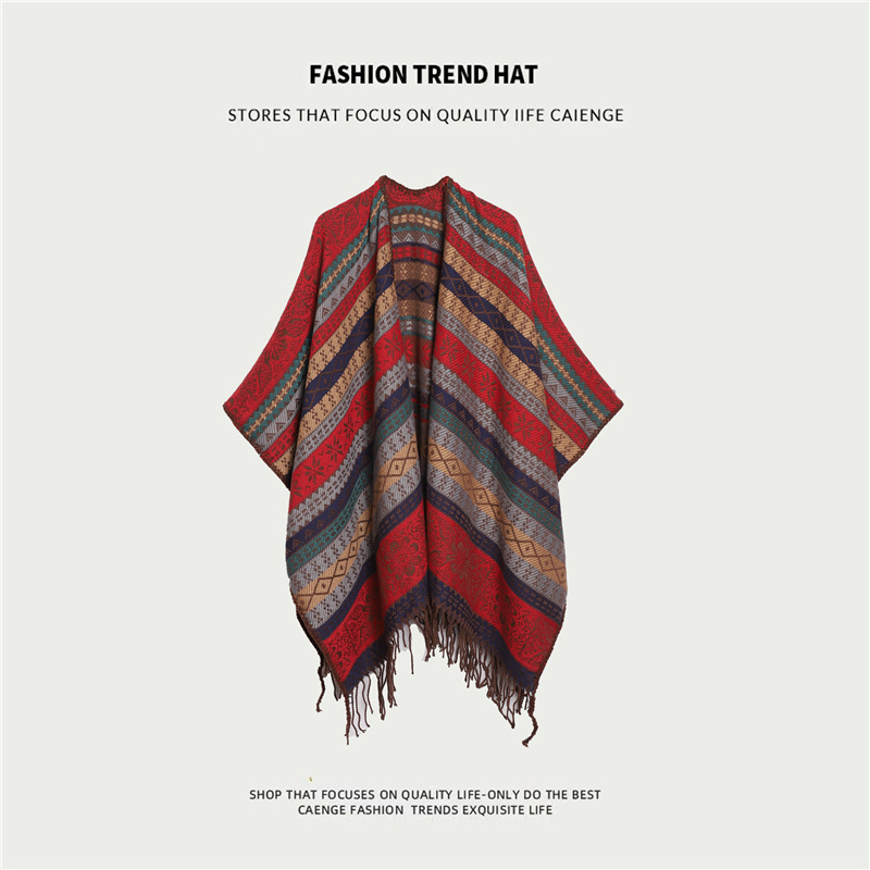 V888-ELOSUNG21755-202503111110-00 Red Plaid Ethnic Boho Shawl for Women - Stylish Split Cape for Travel and Cooling Rooms - Image 1