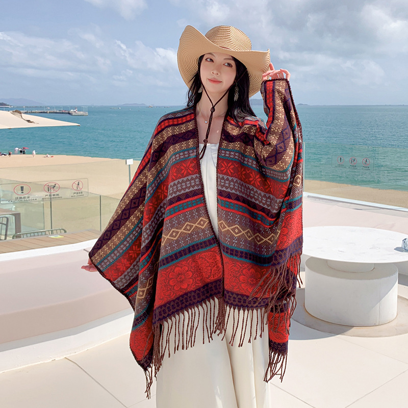 V888-ELOSUNG21757-202503111110-04 Brown Plaid Ethnic Boho Shawl for Women - Stylish Split Cape for Travel and Cooling Rooms - Image 5