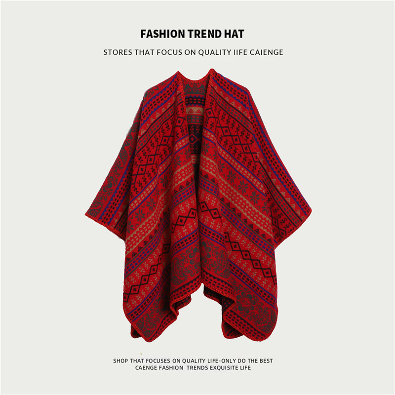 V888-ELOSUNG21760-202503111110-00 Red Ethnic Boho Shawl for Women - Stylish Split Cape for Travel and Cooling Rooms - Image 1