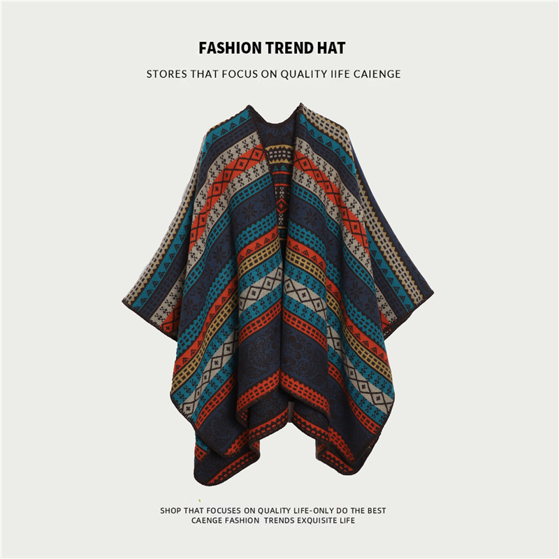 V888-ELOSUNG21761-202503111110-00 Orange And Navy Ethnic Boho Shawl for Women - Stylish Split Cape for Travel and Cooling Rooms - Image 1