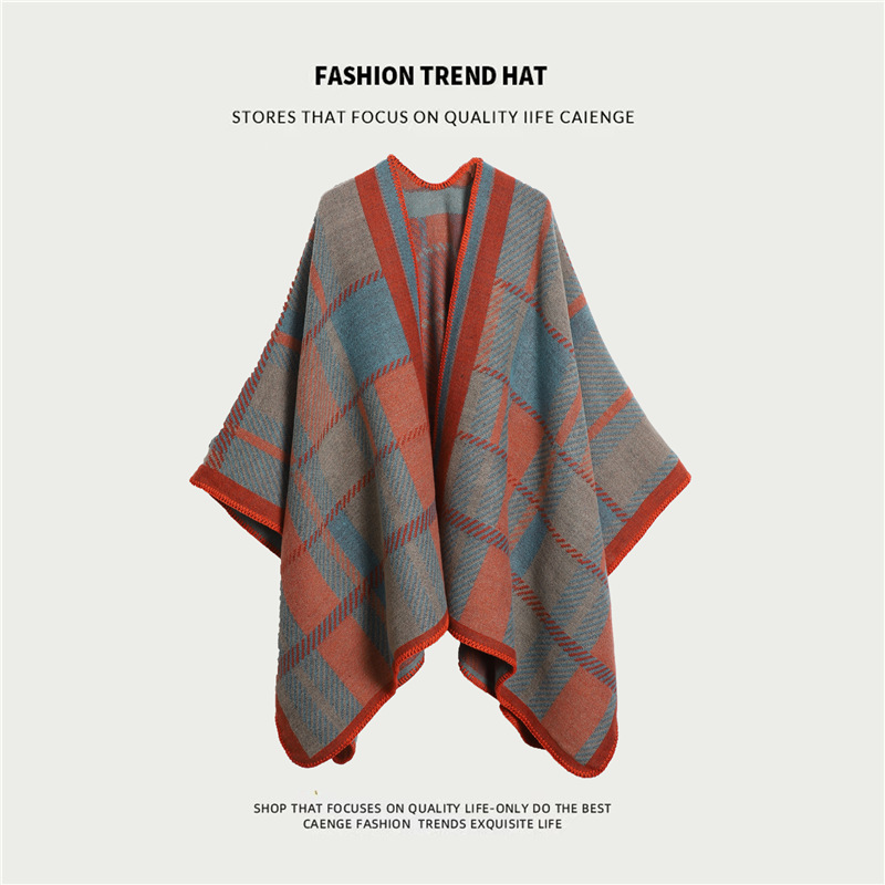 V888-ELOSUNG21765-202503111111-00 Orange Ethnic Boho Shawl for Women - Stylish Split Cape for Travel and Cooling Rooms - Image 1