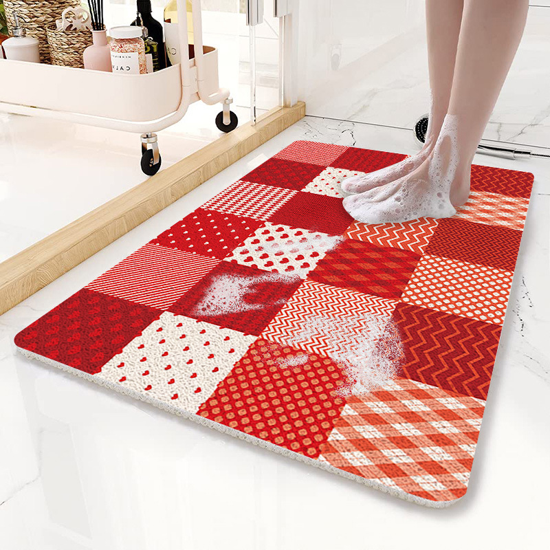 V888-ELOSUNG21799-202503121417-00 Red Checkered Pattern PVC Non-Slip Bath Mat 45x75cm - Shower Drain Hole Design, Soft & Quick-Dry Bathroom Rug - Image 1