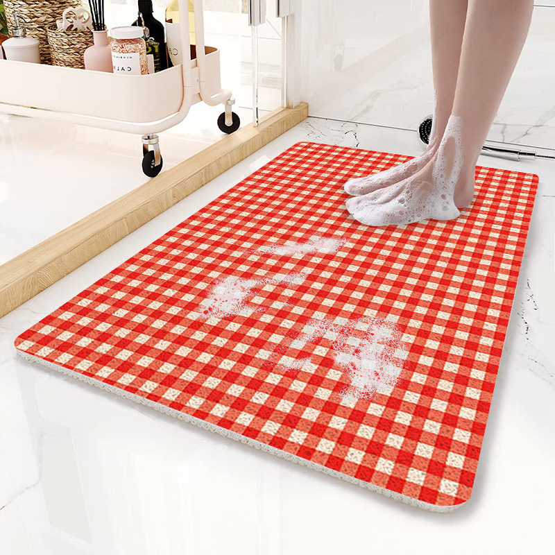 V888-ELOSUNG21801-202503121419-00 Red Plaid Pattern PVC Non-Slip Bath Mat 45x75cm - Shower Drain Hole Design, Soft & Quick-Dry Bathroom Rug - Image 1
