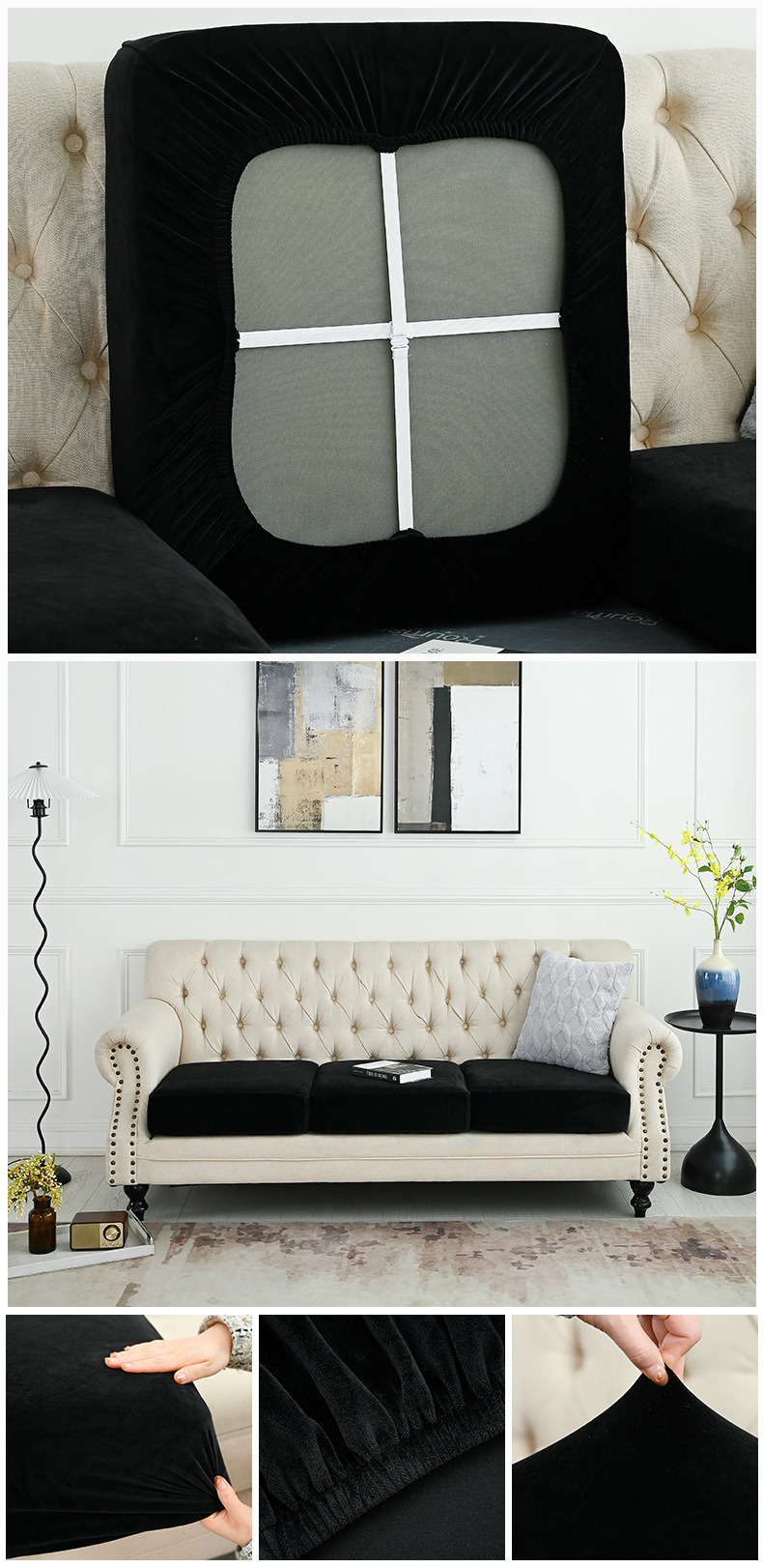 V888-ELOSUNG23057-202503211530-01 2 Pcs Black Elegant Polyester Sofa Cover - Full Protection Against Cat Scratches & Wear - Image 2