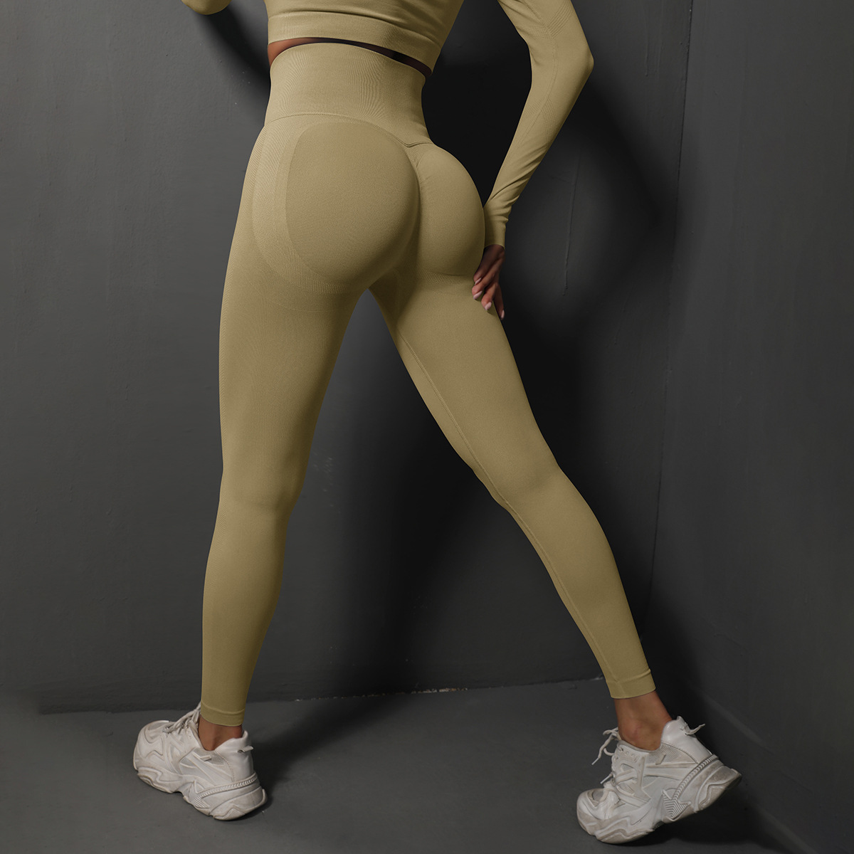 V888-ELOSUNG23117-202503211707-02 Size M Khaki Seamless High-Waisted Yoga Pants for Women - Lift Workout Leggings for Running, Gym, and Fitness - Image 3