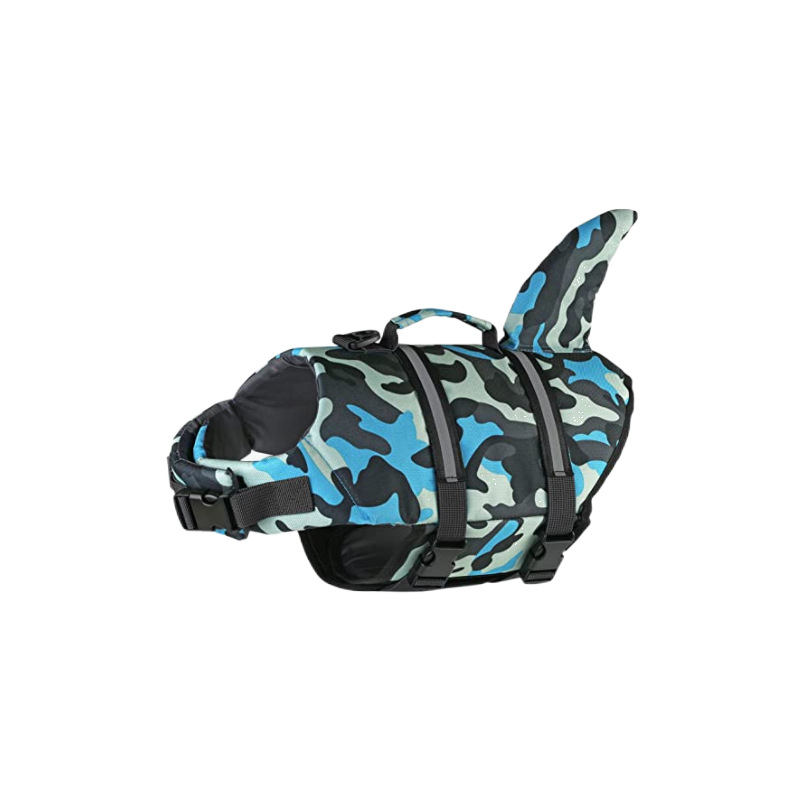 V888-ELOSUNG23321-202503251801-00 Size L Blue Camouflage Pattern Pet Life Jacket for Dogs - Summer Swimming Safety Vest with Shark Fin for Small to Large Breeds - Image 1