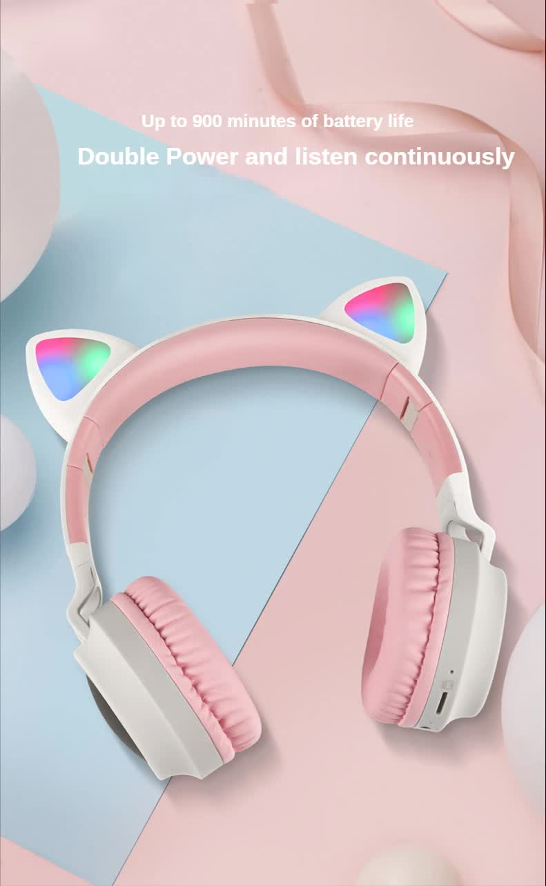 V888-ELOSUNG234439-202503282016-01 Pink Cat Ear Bluetooth Headphones with LED Lights - Wireless, Foldable - Image 2