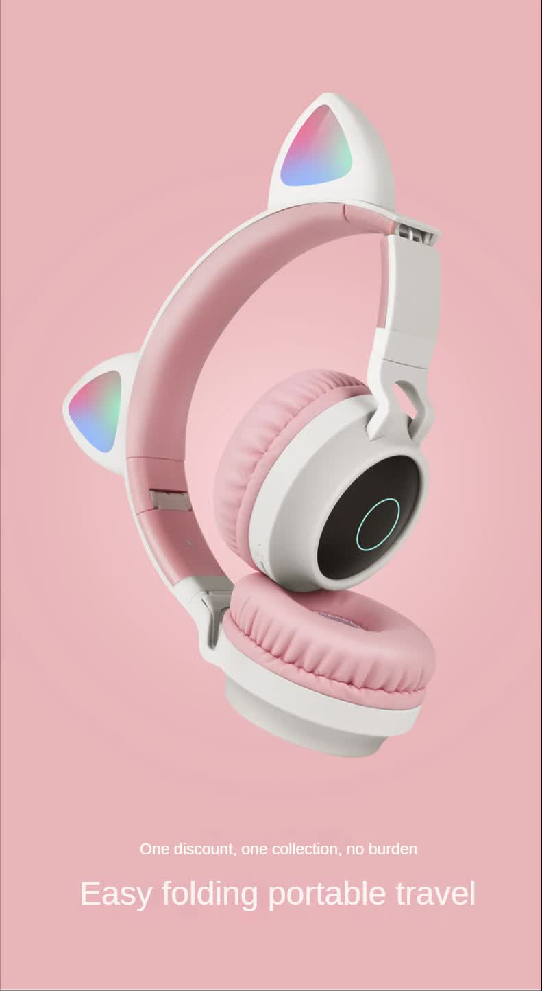 V888-ELOSUNG234439-202503282016-02 Pink Cat Ear Bluetooth Headphones with LED Lights - Wireless, Foldable - Image 3