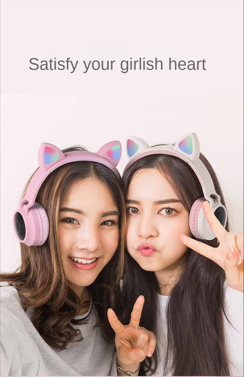 V888-ELOSUNG234439-202503282016-05 Pink Cat Ear Bluetooth Headphones with LED Lights - Wireless, Foldable - Image 6