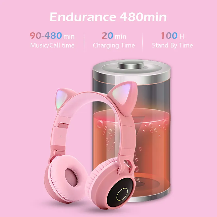 V888-ELOSUNG234439-202503282016-06 Pink Cat Ear Bluetooth Headphones with LED Lights - Wireless, Foldable - Image 7