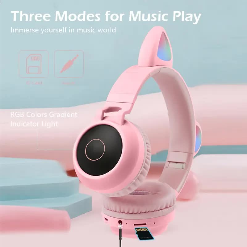 V888-ELOSUNG234439-202503282016-07 Pink Cat Ear Bluetooth Headphones with LED Lights - Wireless, Foldable - Image 8
