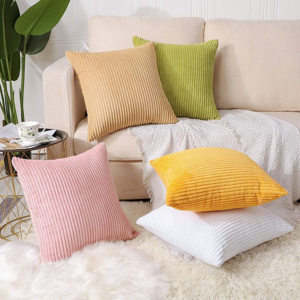 V888-ELOSUNG234479-202503282126-02 Green Plush Striped Pillow Covers 45x45cm - Set of 4 Corduroy-Style Cushion Covers with Invisible Zipper, Soft and Washable for Sofa Decor - Image 3