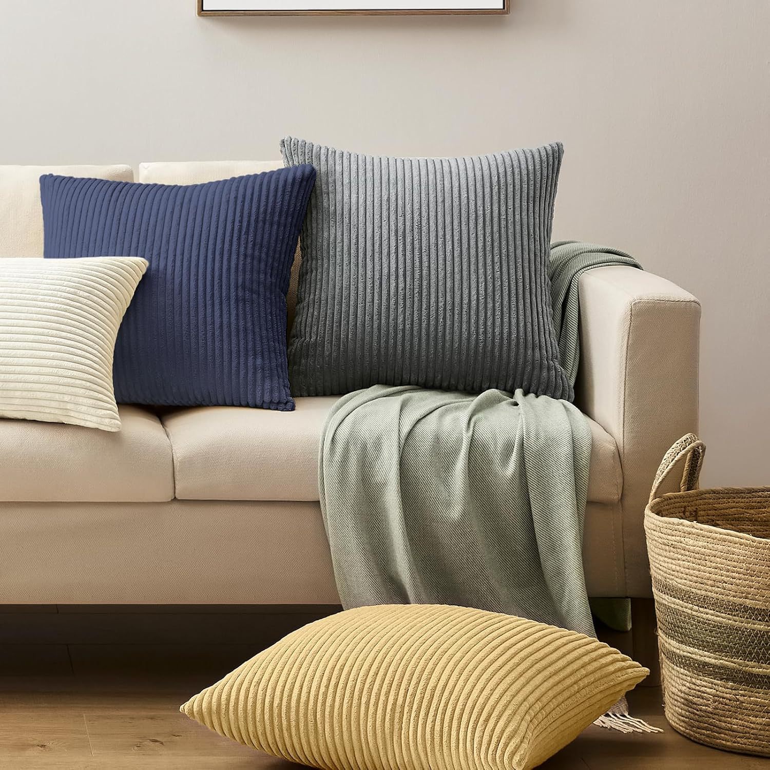 V888-ELOSUNG234481-202503282126-03 Light Grey Plush Striped Pillow Covers 45x45cm - Set of 4 Corduroy-Style Cushion Covers with Invisible Zipper, Soft and Washable for Sofa Decor - Image 4