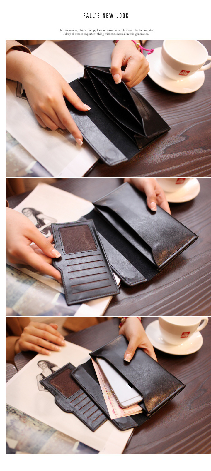 V888-ELOSUNG23543-202504031706-04 Gold Women's Genuine Leather Long Wallet - Slim Business Clutch with Snap Closure, Multi-Card Holder - Image 5