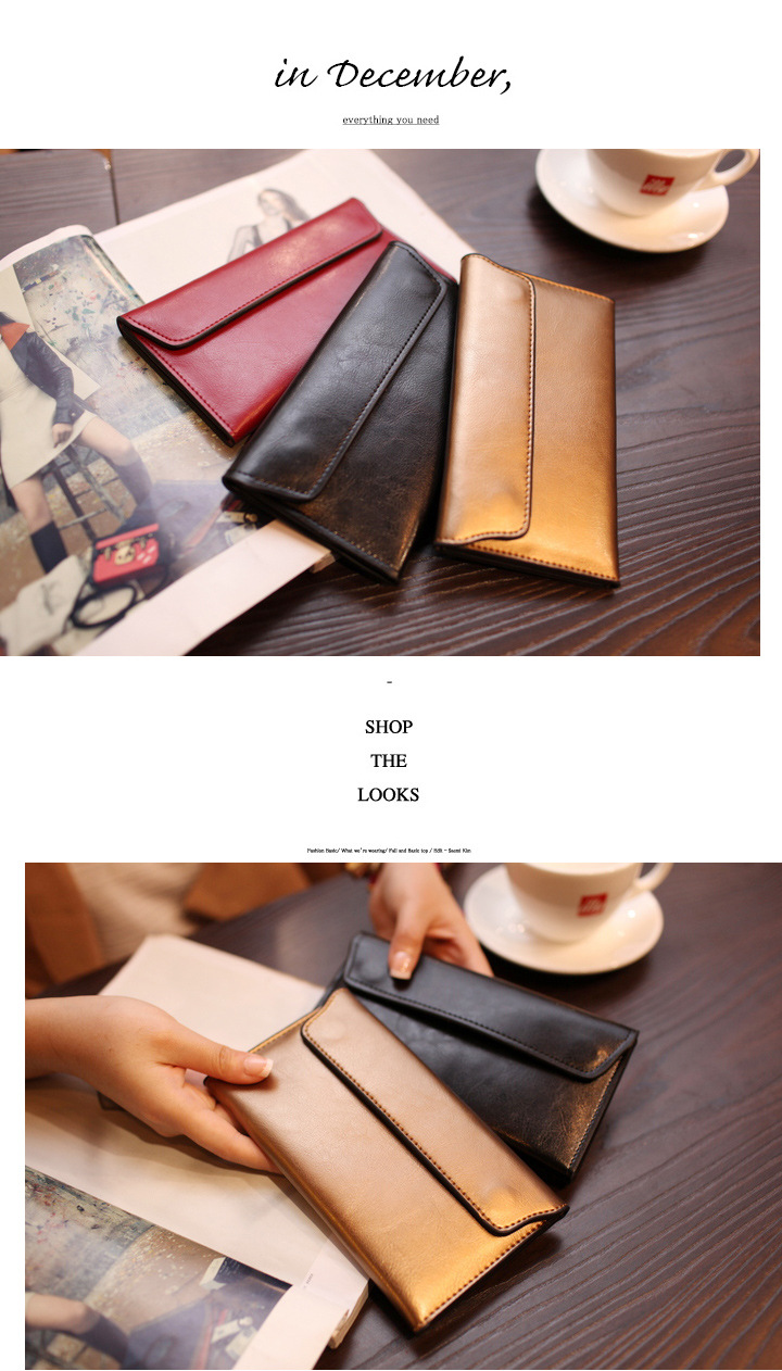 V888-ELOSUNG23543-202504031706-05 Gold Women's Genuine Leather Long Wallet - Slim Business Clutch with Snap Closure, Multi-Card Holder - Image 6
