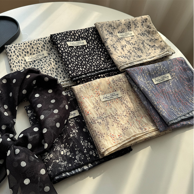 V888-ELOSUNG23642-202504141405-05 Style 3 Khaki Versatile Patterned Square Scarf | 65x65cm Lightweight Polyester Neckerchief Headband | Vintage Polka Dot & Floral - Image 6