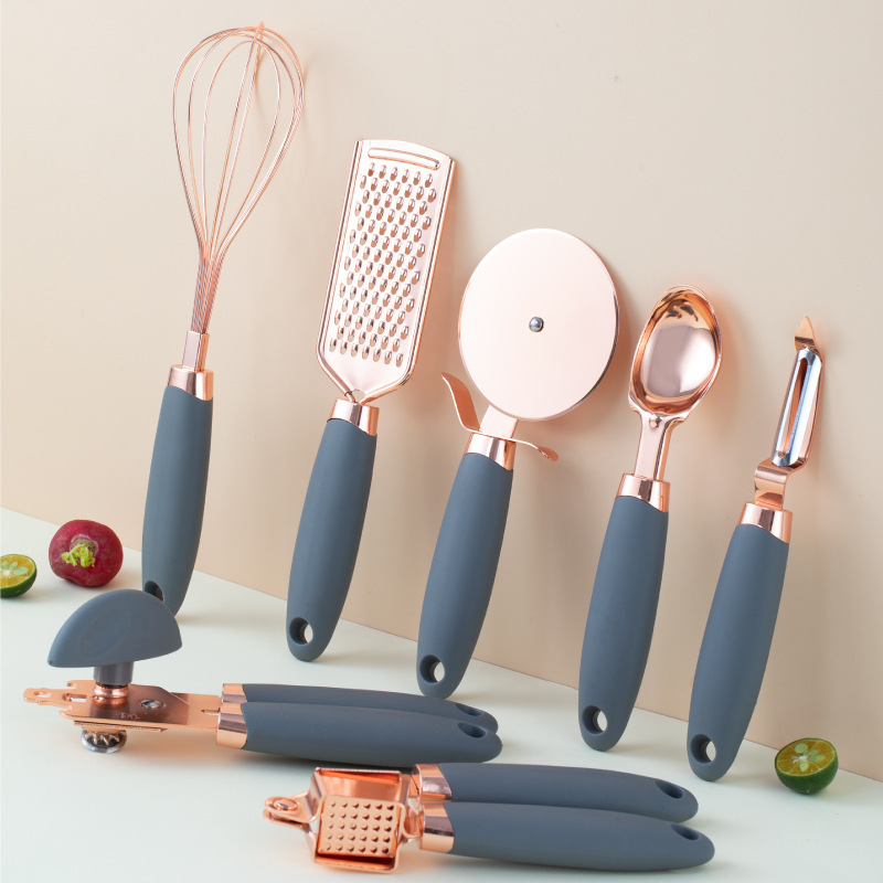 V888-ELOSUNG23932-202504171722-00 Grey And Rose Gold 7-Piece Kitchen Gadget Set - Stainless Steel Utensils with Comfort Grip Handles - Image 1