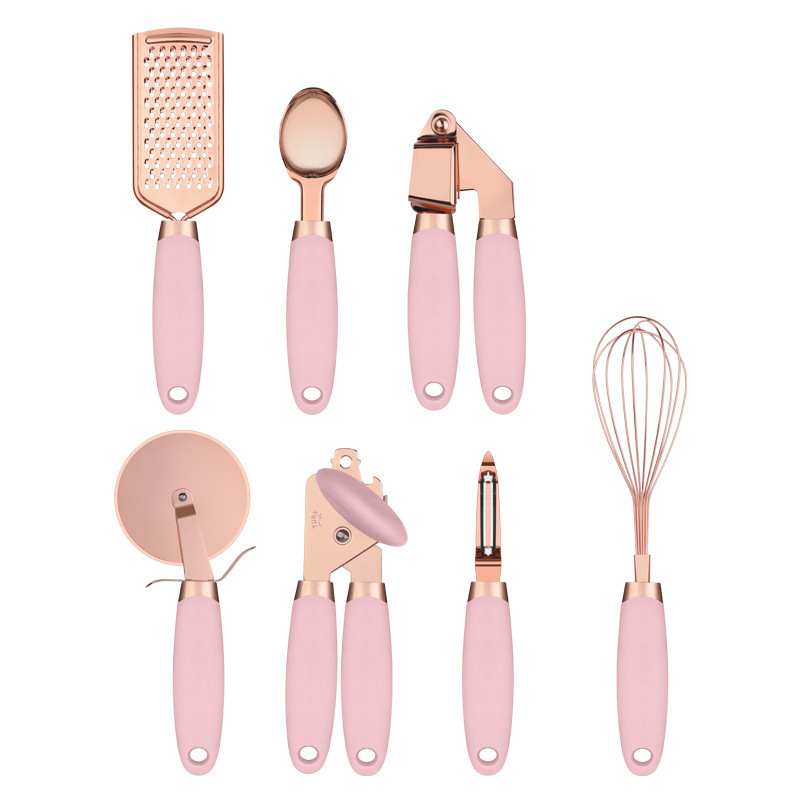 V888-ELOSUNG23933-202504171722-00 Pink And Rose Gold 7-Piece Kitchen Gadget Set - Stainless Steel Utensils with Comfort Grip Handles - Image 1