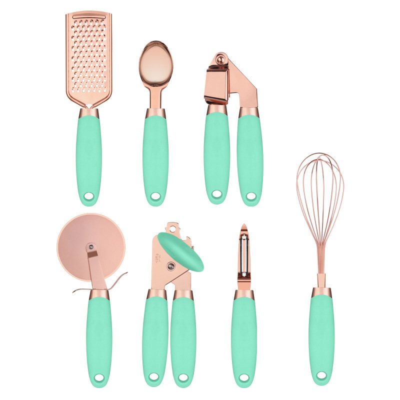 V888-ELOSUNG23934-202504171722-00 Green And Rose Gold 7-Piece Kitchen Gadget Set - Stainless Steel Utensils with Comfort Grip Handles - Image 1
