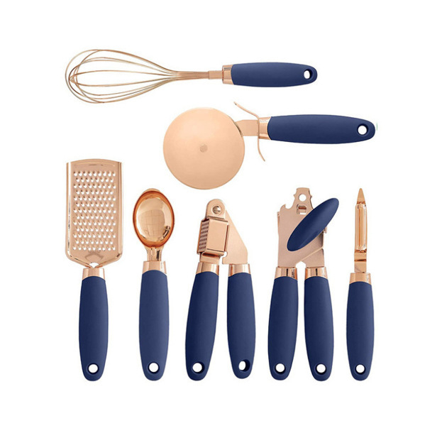 V888-ELOSUNG23935-202504171722-00 Blue And Rose Gold 7-Piece Kitchen Gadget Set - Stainless Steel Utensils with Comfort Grip Handles - Image 1