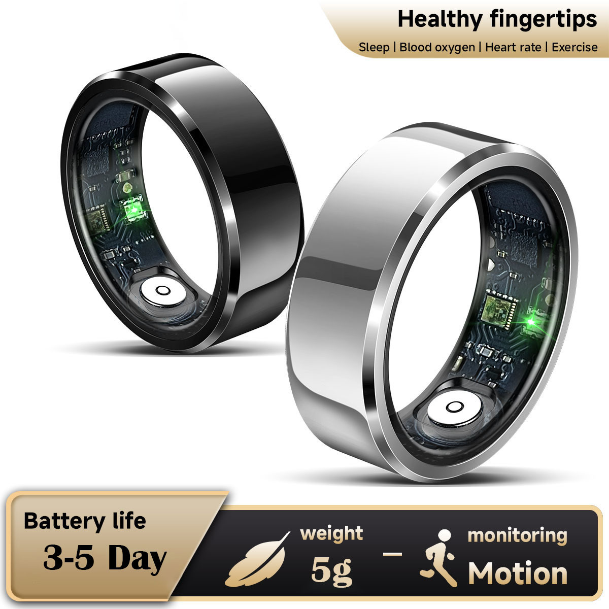 V888-ELOSUNG24318-202503282125-01 Gold Round 0.84inch Smart Ring with Heart Rate and Sleep Tracking - IP68 Waterproof Fitness Tracker with Step Counter - Image 2