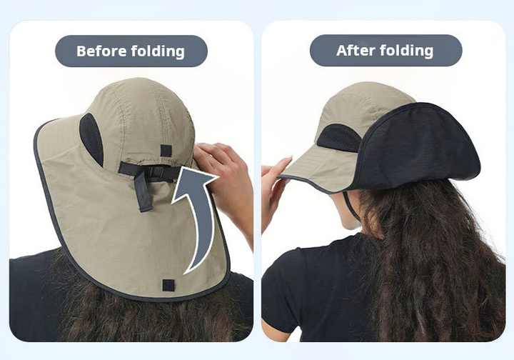 V888-ELOSUNG24369-202504011316-01 Navy Blue Wide Brim Sun Hat with Cape - Foldable UV Protection - 10cm Brim - Image 2