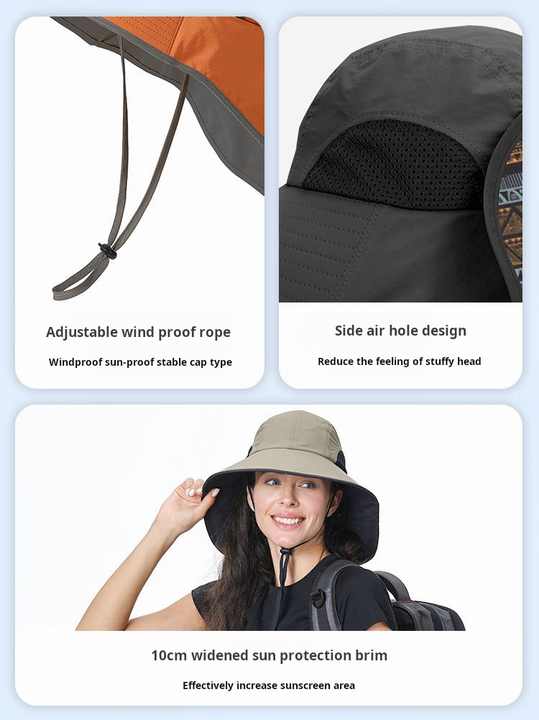 V888-ELOSUNG24369-202504011316-02 Navy Blue Wide Brim Sun Hat with Cape - Foldable UV Protection - 10cm Brim - Image 3