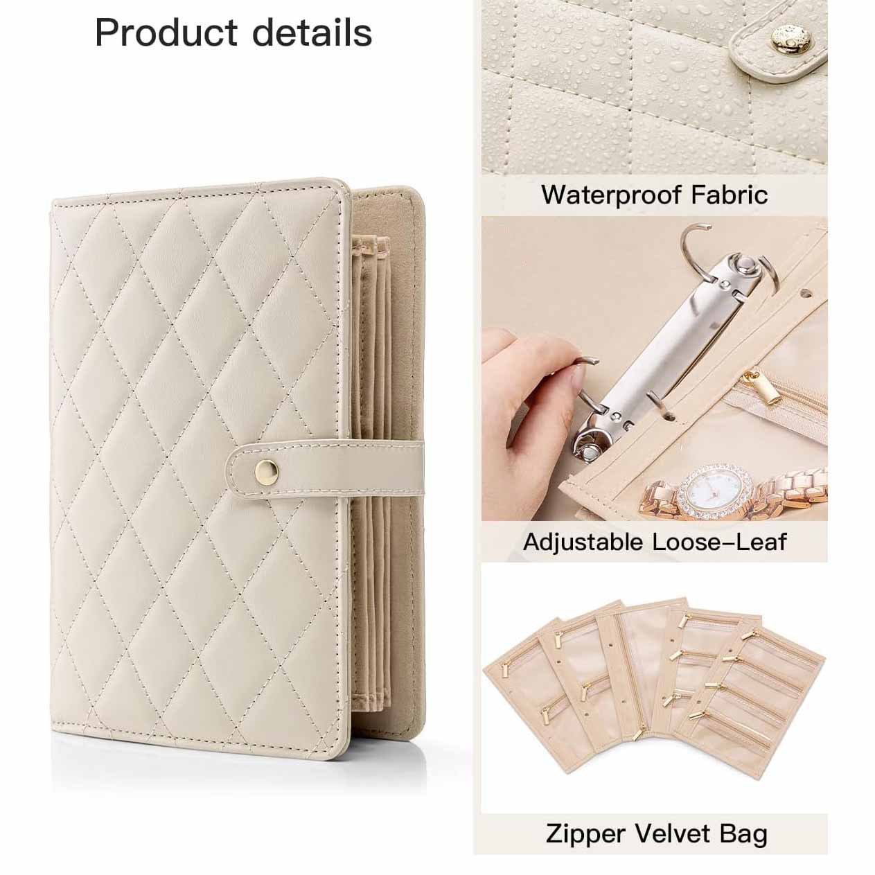 V888-ELOSUNG24489-202504141412-01 White Foldable Travel Jewelry Organizer - Velvet Zippered Case with Transparent Pages & Detachable Pouches - Image 2