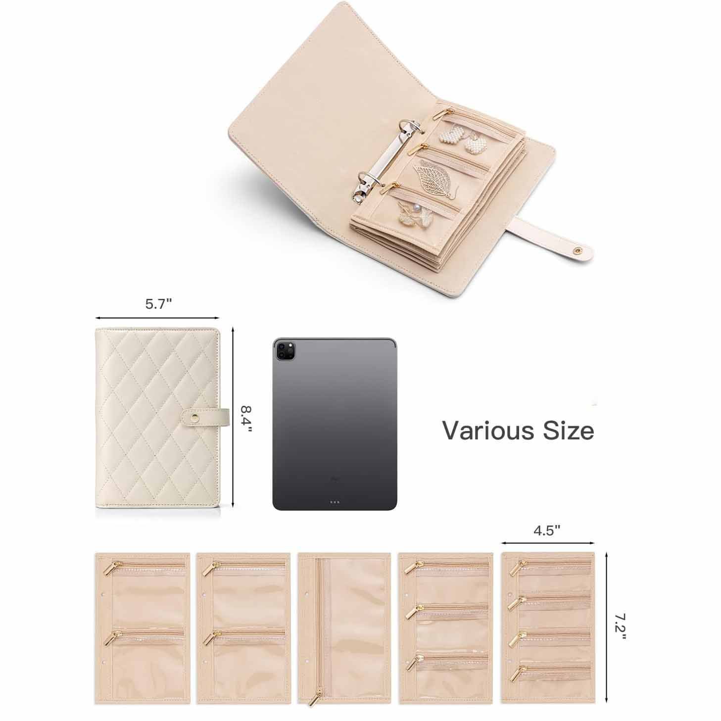 V888-ELOSUNG24489-202504141412-02 White Foldable Travel Jewelry Organizer - Velvet Zippered Case with Transparent Pages & Detachable Pouches - Image 3