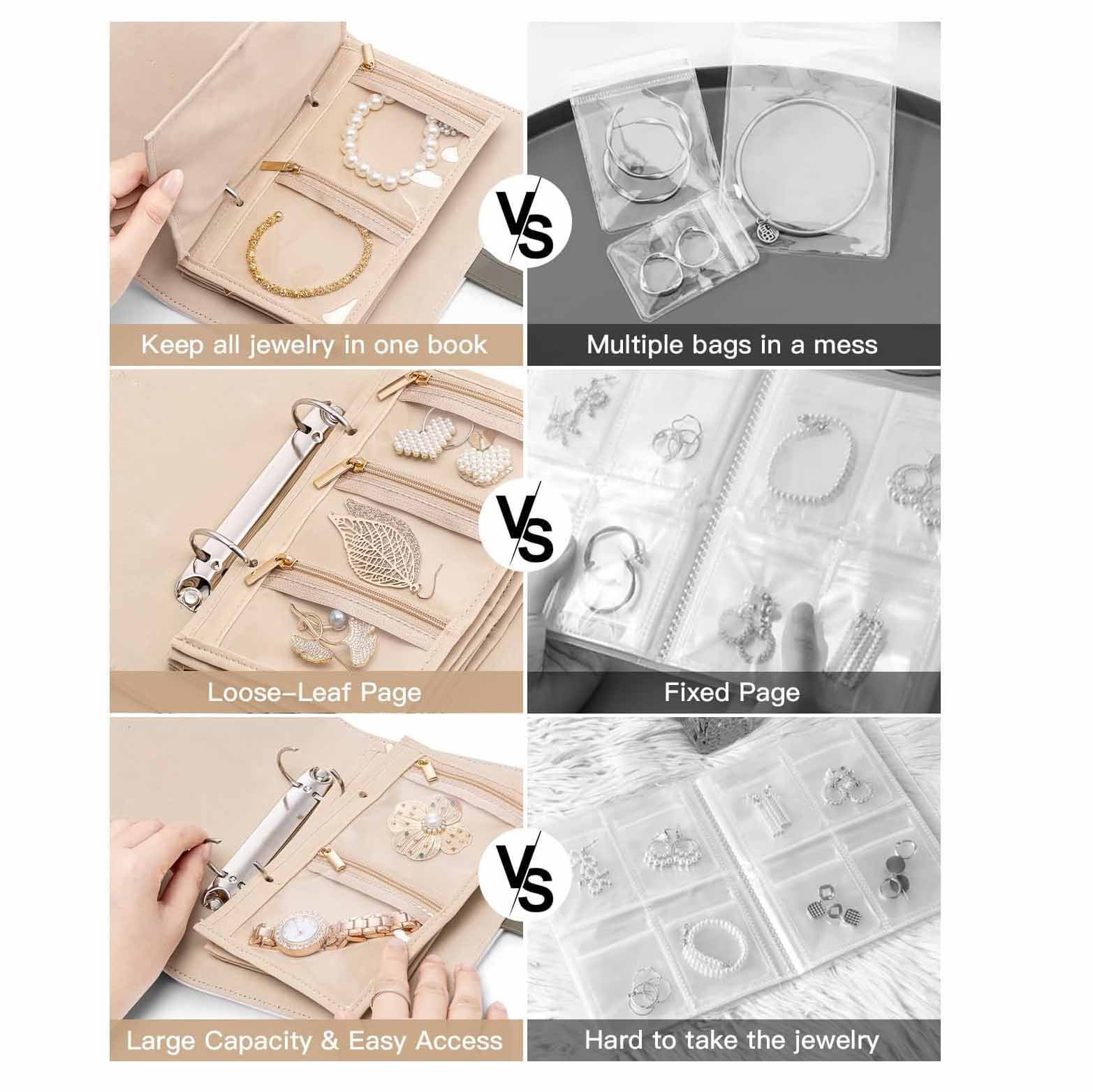 V888-ELOSUNG24489-202504141412-03 White Foldable Travel Jewelry Organizer - Velvet Zippered Case with Transparent Pages & Detachable Pouches - Image 4
