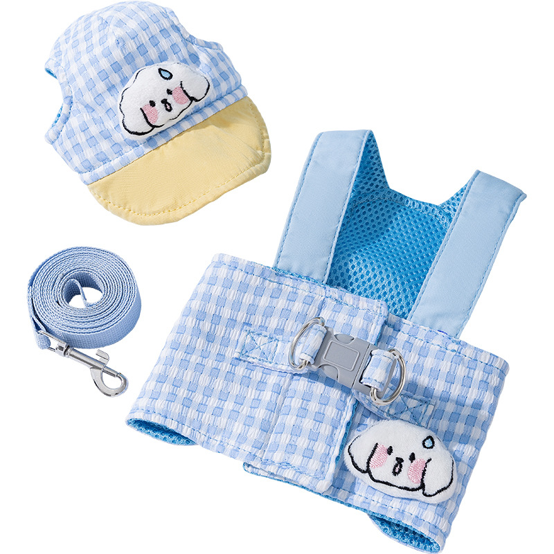 V888-ELOSUNG24602-202504141721-00 XL Blue Pet Sun Hat with Adjustable Strap + Leash & Harness 3-Piece Set - Breathable Summer Cap for Dogs & Cats with Ear Holes - Image 1