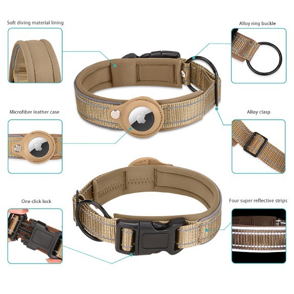 V888-ELOSUNG24664-202504141618-03 S Khaki Secure Nylon Dog Collar with Built-in Apple AirTag (not included) Holder Case - Pet Tracker Accessory - Image 4