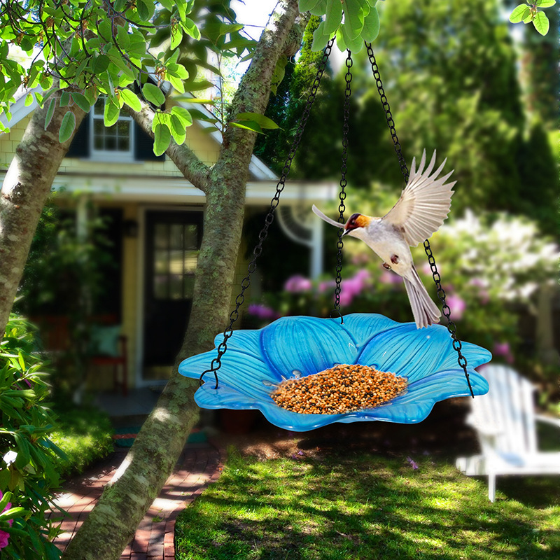 V888-ELOSUNG24670-202504171652-01 Blue Decorative Hanging Glass Flower Bird Bath - 10 Inch Vibrant Outdoor Garden Accent - Image 2