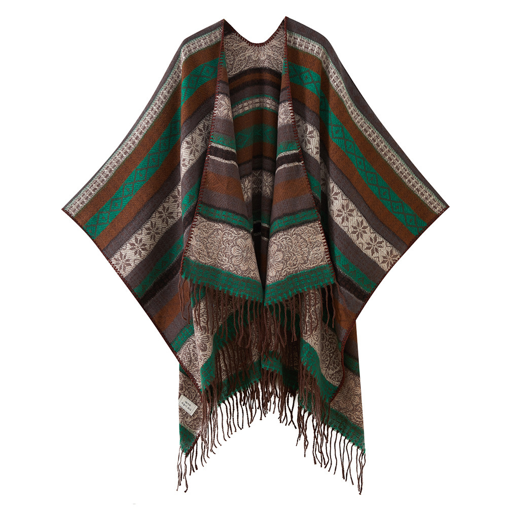 V888-ELOSUNG24676-202504171711-00 Green Elegant Jacquard Knit Shawl Wrap - Versatile Oversized Scarf (150cm x 130cm) - Image 1